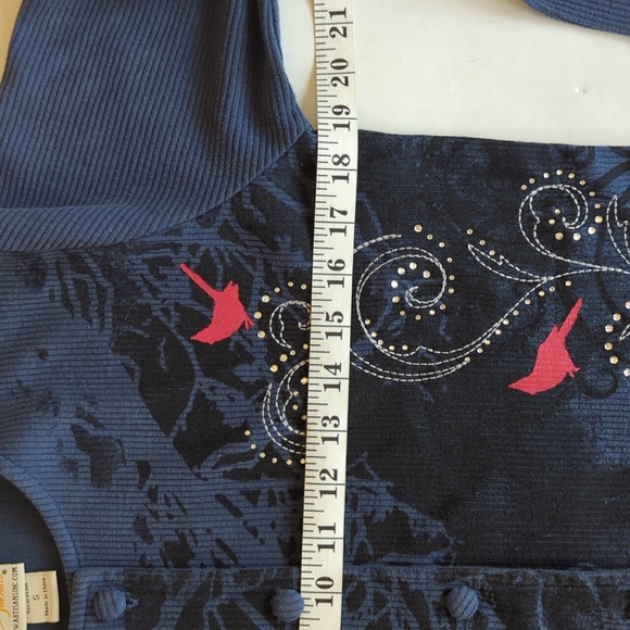 Vintage Artisans Cardinal Embellished Button Up Top SMALL Blue Red Pockets Birds - Picture 12 of 14